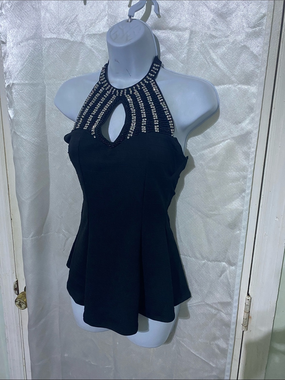 Papaya Black Beaded Halter Peplum Camisole